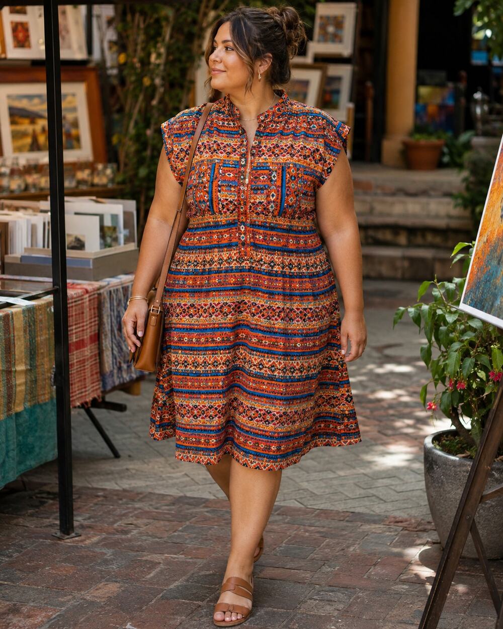 Orange Blue Geometric Print Dress 2X Plus Collared Fit Flare Boho Folk Art Mod